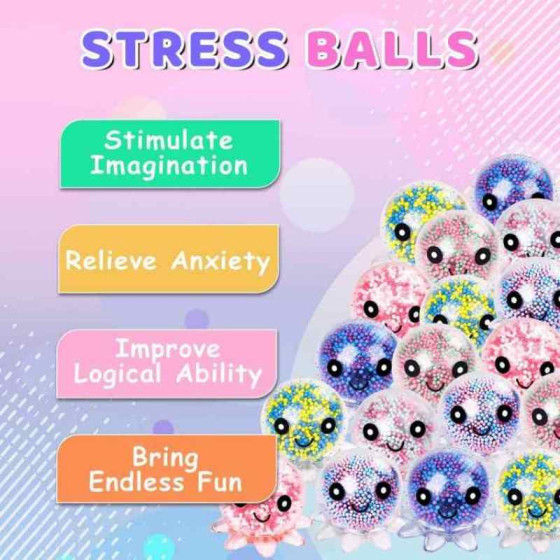 Adult Stress Relief Ball, Cute Octopus Pressure Relief Sensory Stress Ball, Bulk Squeeze Ball Toy Set for Classroom Prizes and Birthday Party Gifts